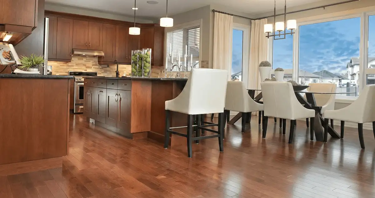 A modern kitchen with professionally installed wood flooring in Anaheim, CA