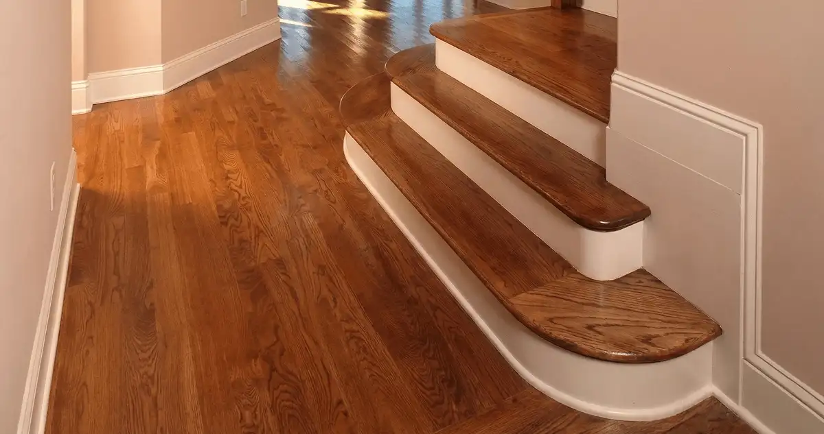 Base floor of a staircase with professionally restored wood flooring in Anaheim CA