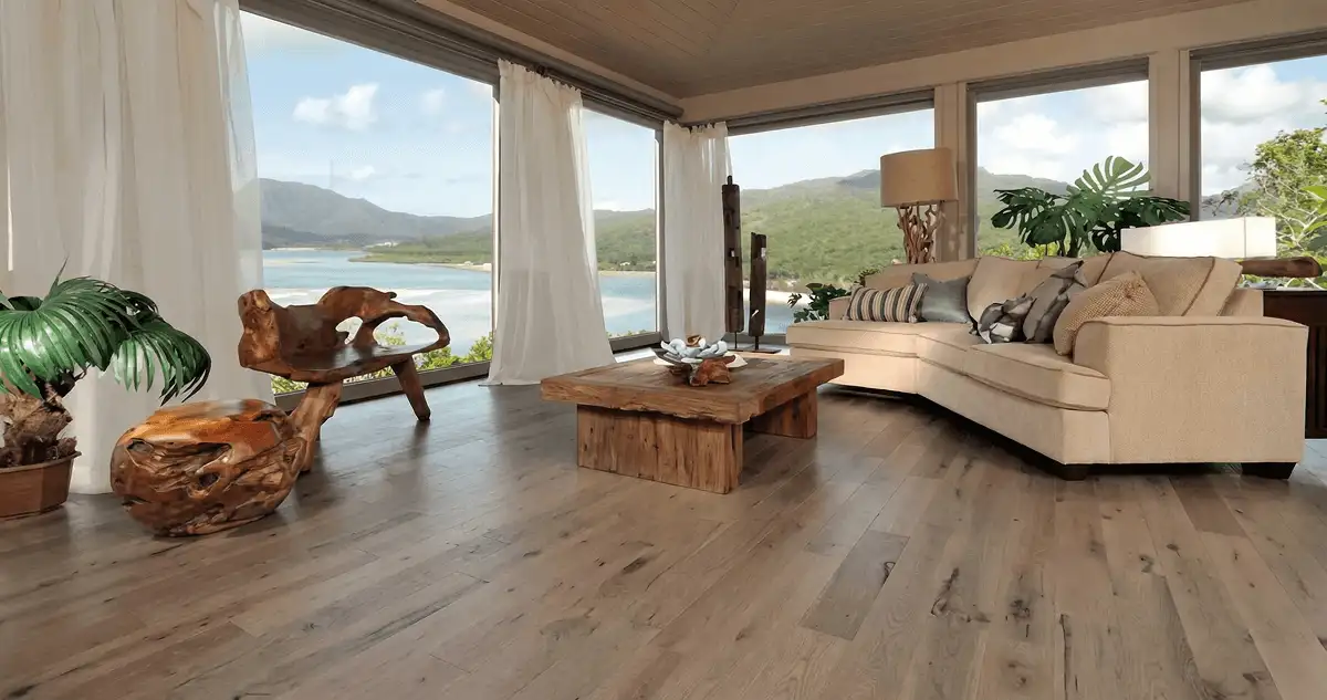 Professionally installed vinyl flooring in a modern living room with large windows in Anaheim, CA